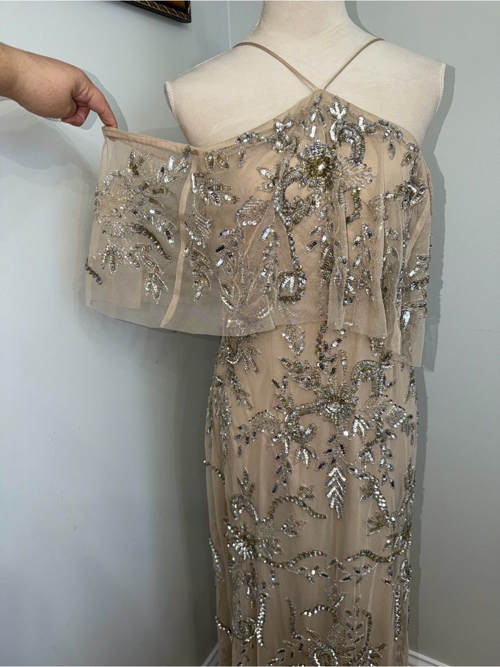 Aidan Mattox Champagne One-Shoulder Beaded Evening Gown